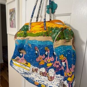 Capelli of New York Blue Yellow Pink Flamingo Print Travel Bag